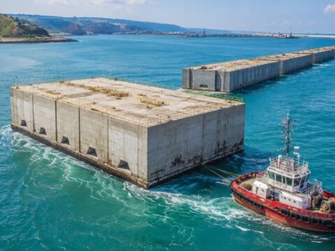 Tonlarca ağırlıktaki beton bloklar denizde yüzerek ilerliyor